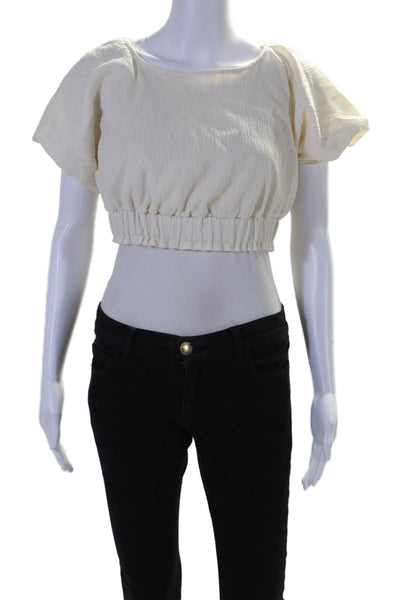 Free People Women's Round Neck Short Sleeves Cinch Waist Blouse Beige Size XS