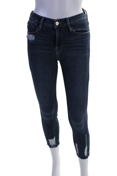 Frame Denim Womens High Rise Dark Wash Distressed Skinny Jeans Blue Size 26