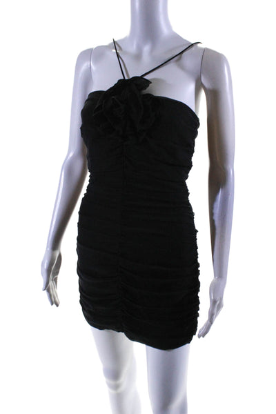 MNG Womens Back Zip Spaghetti Strap V Neck Ruched Mini Dress Black Size 4
