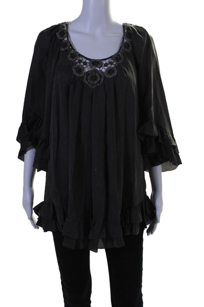 Rebecca Taylor Womens Silk Gray Beaded Printed Scoop Neck Blouse Top Size 6