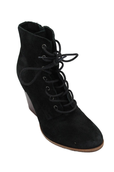 Kork-Ease Womens Suede Lace Up Almond Toe Block Heel Booties Black Size 6.5