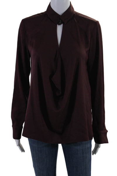 Halston Heritage Womens Long Sleeve Collared V Neck Silk Shirt Purple Size 2