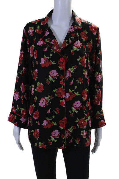Oscar de la Renta Pink Label Womens Floral Collared Long Sleeve Blouse Top Black