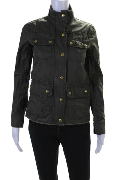 J Crew Womens Long Sleeve Zip Up Pocket Front Mock Neck Light Jacket Green 2XS