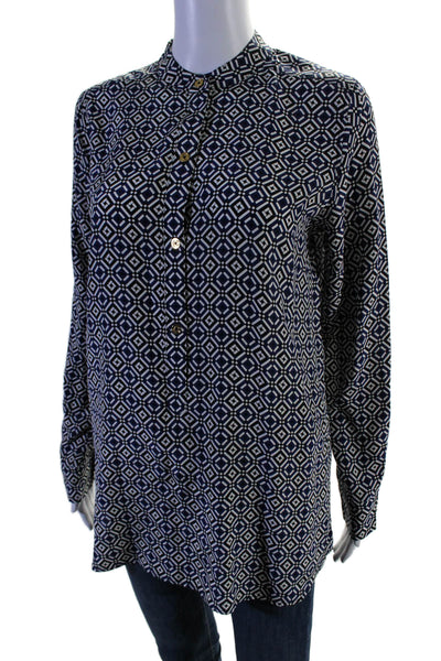 C Wonder Womens Long Sleeve Abstract Print Button Down Top Silk Blue Small