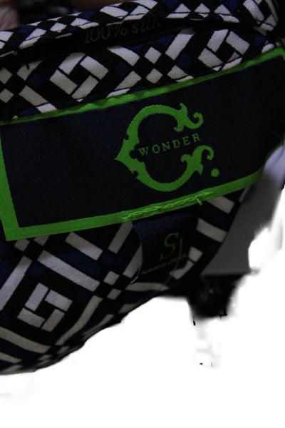 C Wonder Womens Long Sleeve Abstract Print Button Down Top Silk Blue Small