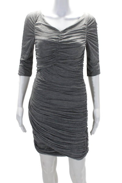BCBGMAXAZRIA Womens Gray Ruched V-Neck 3/4 Sleeve Bodycon Dress Size S