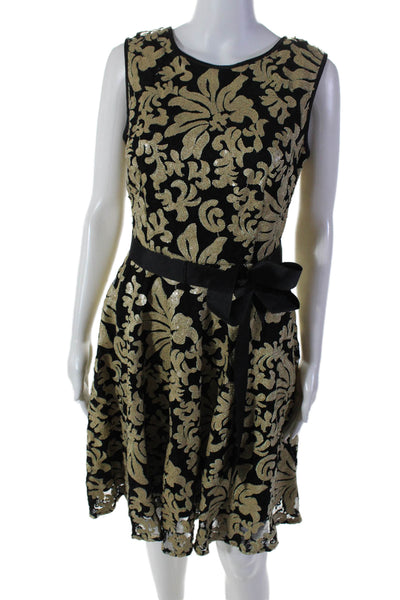 Betsy & Adam Womens Sequined Sleeveless Belted A Line Dress Black Beige Size 4