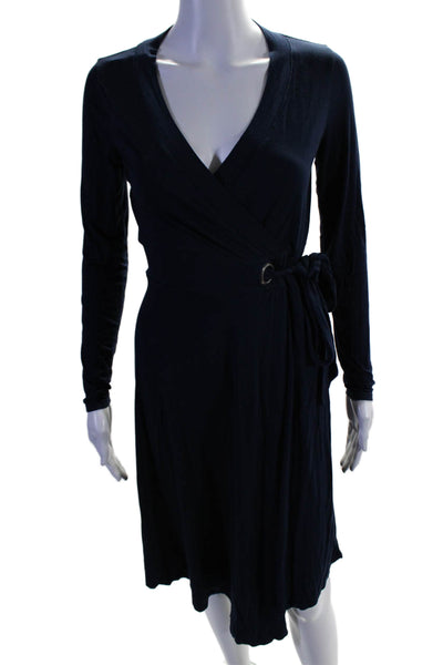 Three Dots Womens Navy V-Neck Embellished Belt Long Sleeve Shift Dress Size S