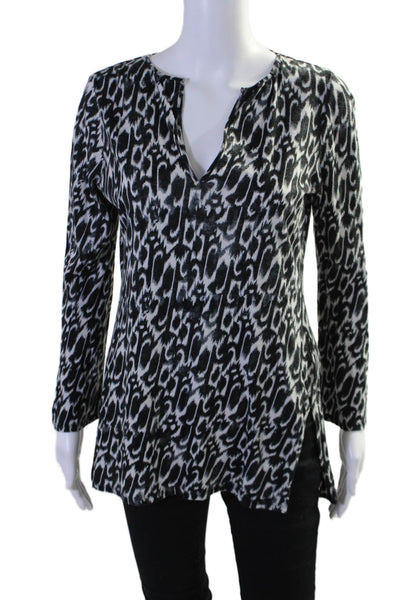 T Tahari Womens V Neck Long Sleeve Abstract Top Black Size Medium