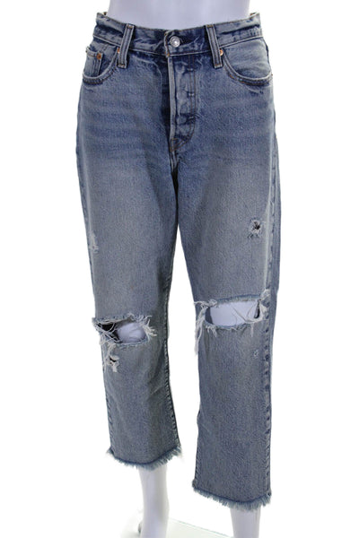 Levis Womens Button Fly High Rise Fringe Distressed Cropped Jeans Blue Size 28