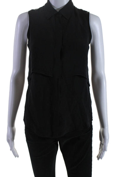 Theory Women's Collared Sleeveless Silk Button Down Shirt Black Size P