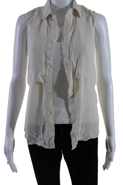 Theory Women's Collared Sleeveless Silk Button Down Blouse Beige Size P