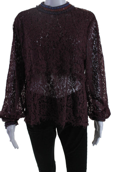 Blank London Women's Round Neck Long Sleeves Lace Blouse Purple Size L