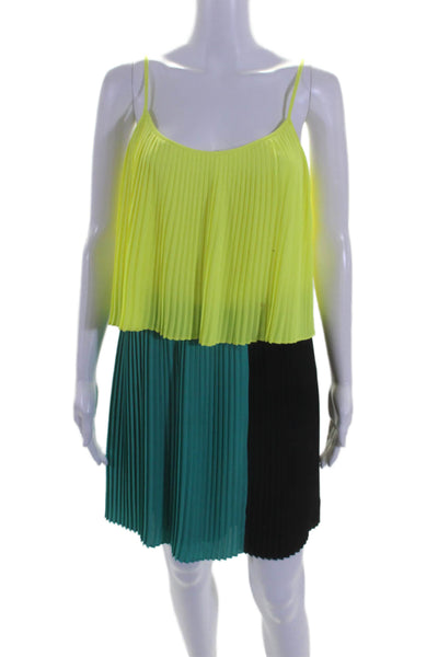 Parker Womens Round Neck Colorblock Pleat Sleeveless Tiered Dress Yellow Size L