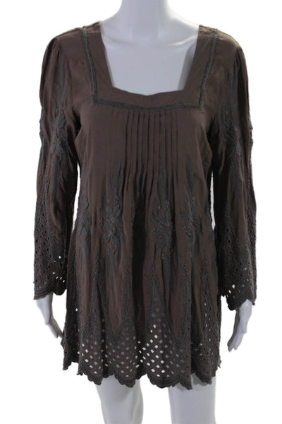 Sundance Womens Embroidered Square Neck Long Sleeve Mini Dress Brown Size M