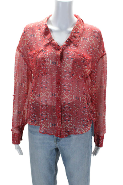 Free People Womens Long Sleeve Button Collar Sheer Blouse Red Size XS