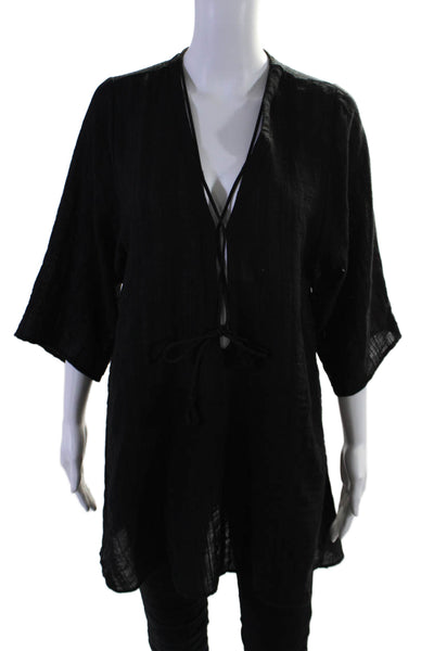 Robin Piccone Womens Cotton Blend Black Lace Up Short Sleeve Tunic Top Size S