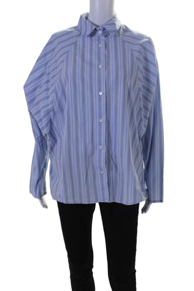 Petersyn Womens Striped Long Sleeves Button Down Shirt Blue Cotton Size Medium