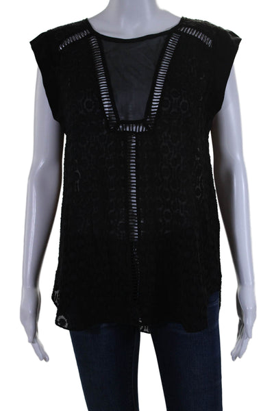 Rebecca Taylor Womens Scoop Neck Sheer Trim Ladder Lace Silk Top Black Size 6