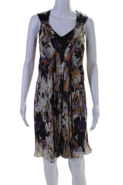 Elie Tahari Womens Silk Zip Long Sleeve Floral Dress Blouse Black Size 0