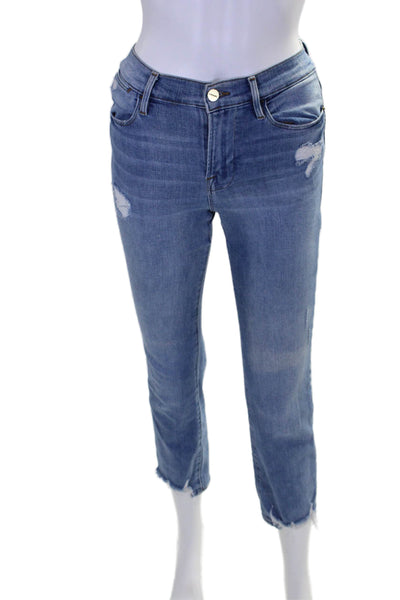 Frame Womens Cotton Zip Button Distressed High Waisted Straight Jeans Blue Size