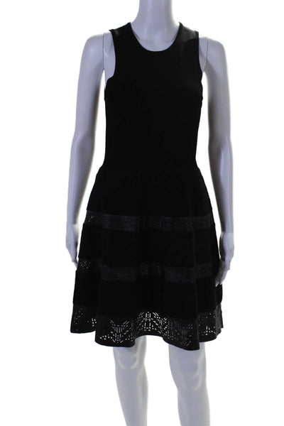 Parker Womens Back Zip Sleeveless Faux Leather Laser Cut A Line Dress Black XS