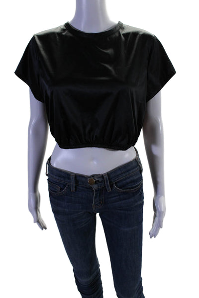 Skims Womens Tie Back Short Sleeve Scoop Neck Satin Cropped Shirt Black Size XL