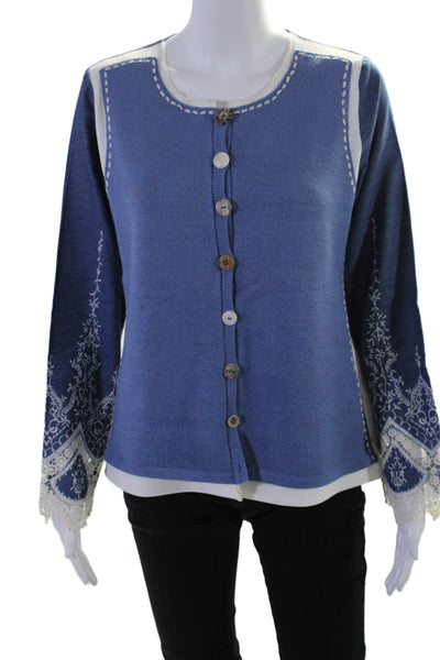 Elaris Womens Long Sleeve Button Down Embroidered Cardigan Blue Size L