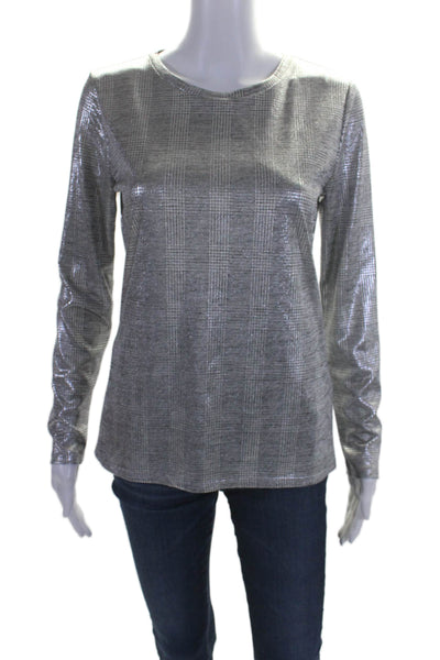 DKNY Womens Stretch Metallic Round Neck Long Sleeve Pullover Top Silver Size S
