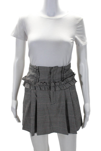 Marissa Webb Womens Wool Check Patterned Ruffle Pleated Zip Up Skirt Gray Size 0