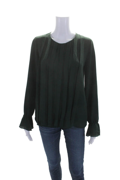 BCBGMAXAZRIA Women's Round Neck Long Sleeves Pleated Front Blouse Green Size S