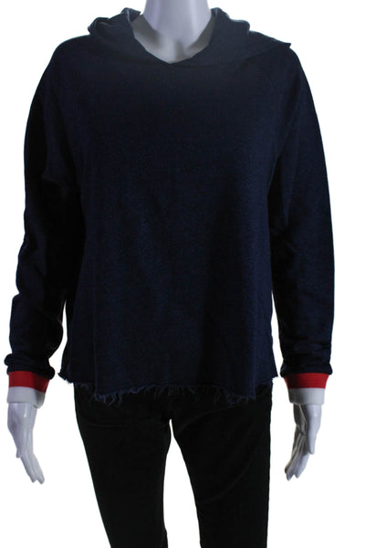 Sundry Womens Cotton V-Neck Long Sleeve Fringed Hem Pullover Hoodie Blue Size 1