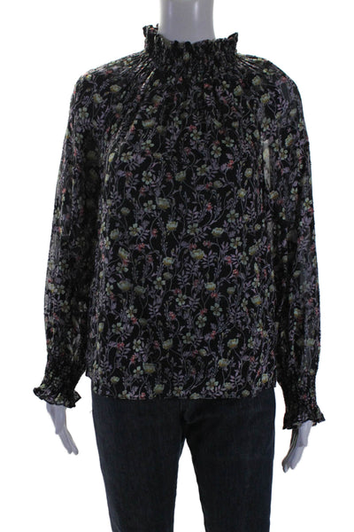 Rebecca Taylor Womens Black Silk Blend Floral Ruffle High Neck Blouse Top Size 0