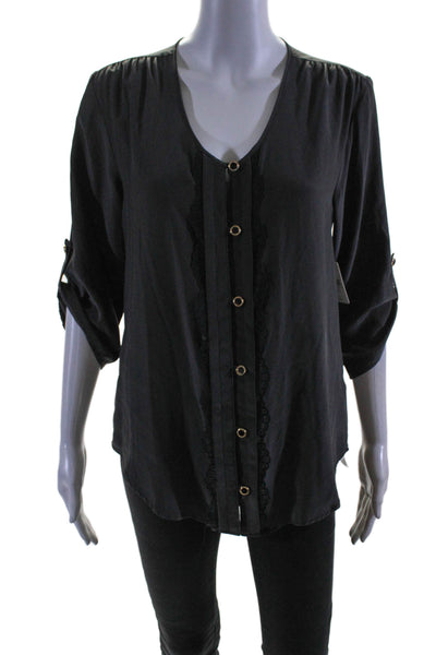 Elle Lauri Womens Silk Button Down Long Sleeves Blouse Gray Black Size Medium