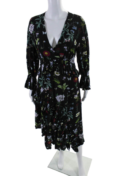Joie Womens Floral Print Layered Ruffled Pleated Hem V Neck Dress Black Size S
