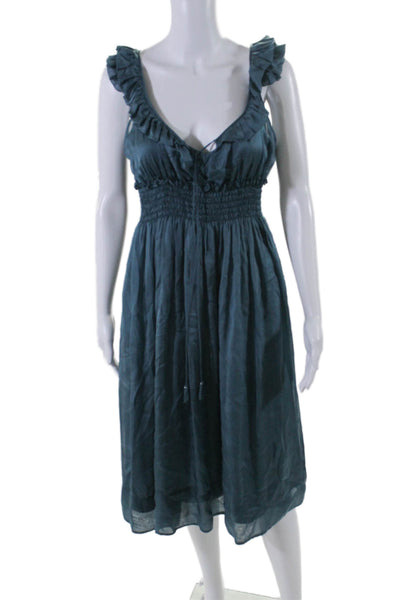Rebecca Taylor Womens Silk Ruffled Tasseled Smocked Waist Dress Blue Size 6