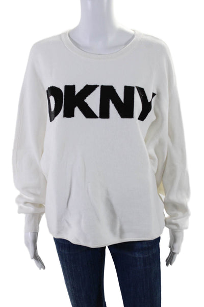 DKNY Jeans Womens Cotton White Sequins Crew Neck Long Sleeve Sweater Top Size M