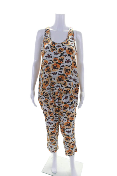 Nieves Lavi Womens Silk Floral Print Tank Top + Pants Set Orange Size M L