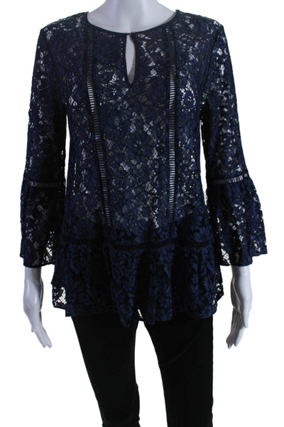 Shoshanna Womens Lace Long Sleeve Sheer Keyhole Blouse Blue Size M