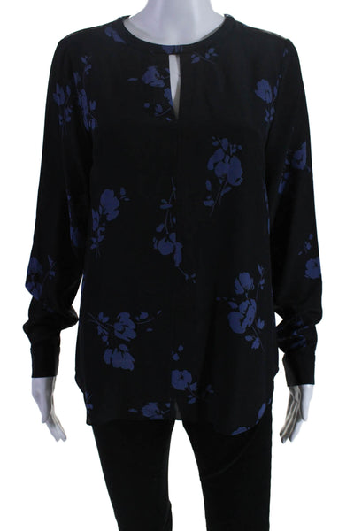 Shoshanna Womens Silk Long Sleeve Floral Print Keyhole Blouse Black Size S