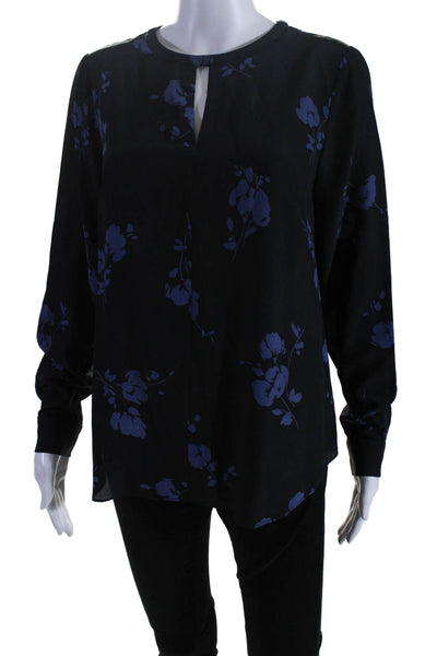 Shoshanna Womens Silk Long Sleeve Floral Print Keyhole Blouse Black Size S