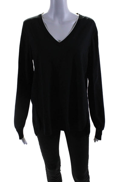 Vince Womens Long Sleeve Silk Trim V Neck Contrast Trim Blouse Black Size S