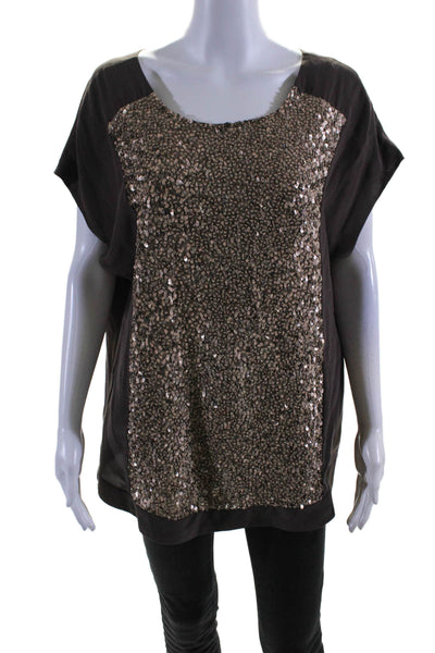 Shoshanna Womens Silk Sleeveless Round Neck Sequin Blouse Brown Size 6