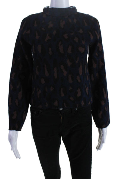 Demylee Womens Wool Leopard Print Mock Neck Long Sleeve Knit Top Blue Size XS