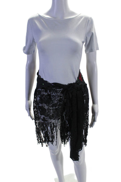 Gottex Womens Lace Textured Floral Embroider Frayed Hem Wrap Skirt Black Size OS