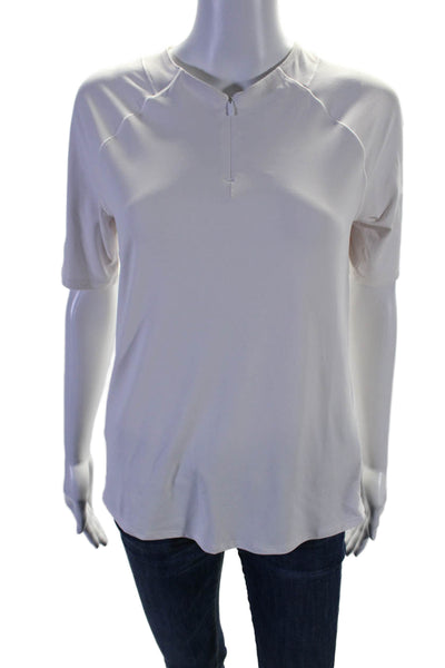 Athleta Womens V-Neck Half Zipped Short Sleeve Casual Pullover Top White Size S