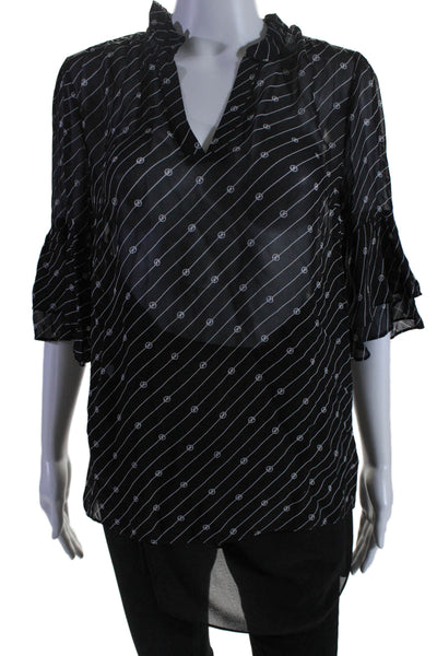 Michael Michael Kors Womens Striped V-Neck Short Sleeve Blouse Top Black Size S