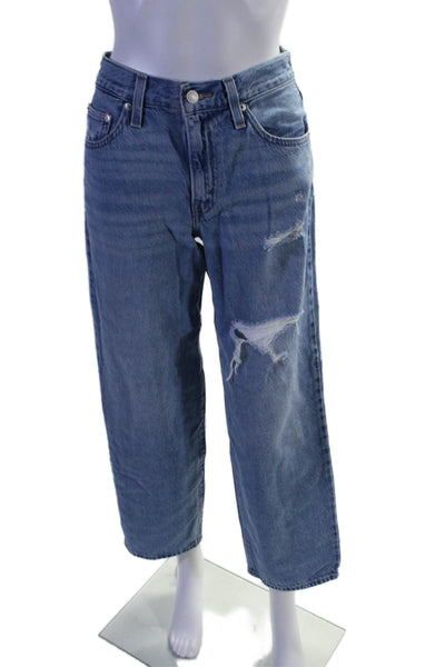 Levis Womens Wide Leg Zipped Buttoned Graphic Leather Patch Jeans Blue Size 24