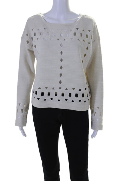 Plenty Womens Textured Lined Cut Out Shapes Long Sleeve Blouse Cream Size S